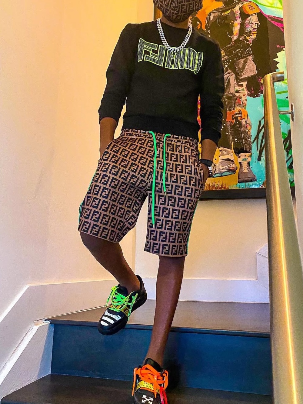 FF-Logo Inspired Shorts with Green Drawstring
